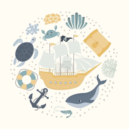 Vector ocean illustration with ship,whale,treasure chest,turtle,anchor, lifebuoy, crab, shrimp, coral.Underwater marine animals.Ecology design for banner,flyer,postcard, website design,t-shirt,poster.
