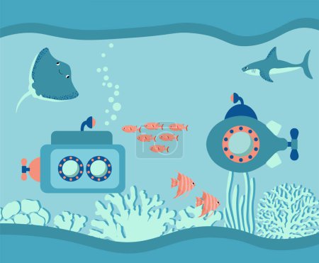 Illustration for Vector ocean illustration with submarine, shark, devilfish, fish, algae, corals.Underwater marine animals.Ecology design for banner,flyer,postcard, website design,poster. - Royalty Free Image