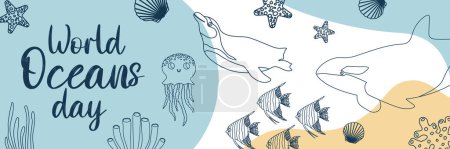 Illustration for Vector ocean illustration with killer whale,jellyfish,penguin,scalaria,corals. Worlg oceans day - modern lettering.Underwater marine animals.Ecology design for banner,flyer,postcard, website,poster. - Royalty Free Image