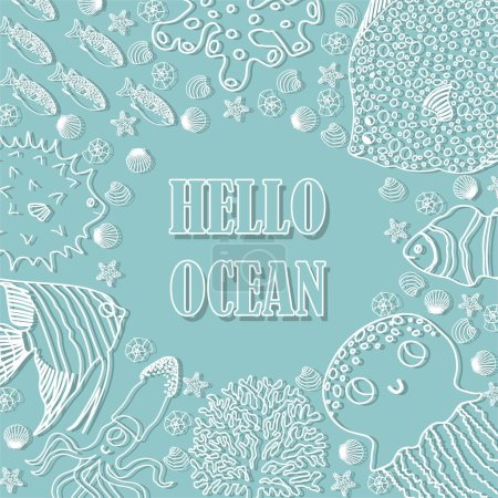 Photo for Vector ocean illustration with fish,jellyfish,squid,corals,algae,shell.Hello ocean - modern lettering.Underwater marine animals.Ecology design for banner,flyer,postcard, website,t-shirt,poster. - Royalty Free Image