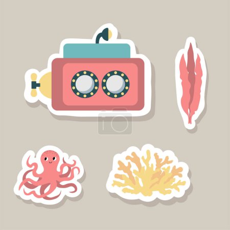 Photo for Cute vector stickers set with submarine, octopus, seaweed.Underwater cartoon creatures.Marine animals.Cute ocean illustration for fabric, childrens clothing,book, postcard,wrapping paper. - Royalty Free Image