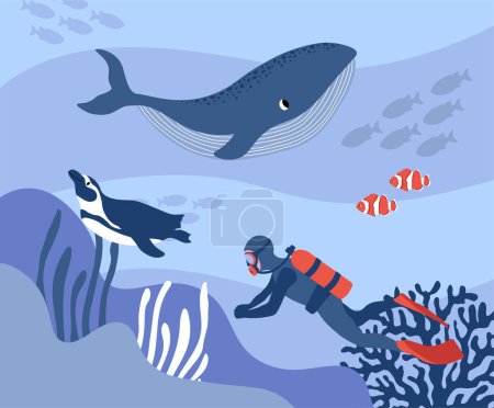 Illustration for Vector ocean illustration with diver, penguin, clown fish, algae, corals.Underwater marine animals. Diving. Ecology design for banner,flyer,postcard, website design,poster. - Royalty Free Image