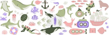 Illustration for Vector ocean mega set with whale,turtle,submarine,shark,crab,octopus,diver,penguin,squid,dolphin,walrus,ship.Underwater animals.Illustration for fabric,childrens clothing,book,postcard,wrapping paper. - Royalty Free Image