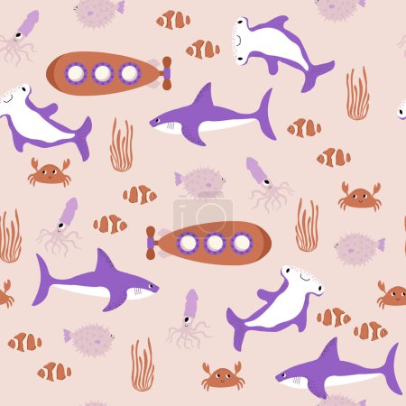 Illustration for Vector seamless pattern with shark,submarine,crab,squid,hammerhead fish,fugu,.Underwater cartoon creatures.Marine background.Cute ocean pattern for fabric, childrens clothing,textiles,wrapping paper. - Royalty Free Image