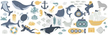 Ilustración de Mega set de vectores oceánicos con ballena, tortuga, submarino, tiburón, cangrejo, pulpo, buzo, pingüino, calamar, delfín, morsa, nave.Animales subacuáticos.Ilustración para tela, ropa para niños, libro, postal, papel de envolver. - Imagen libre de derechos