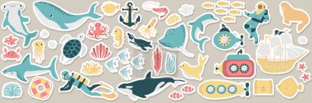 Photo for Vector ocean stickers mega set with whale,turtle,submarine,shark,crab,octopus,diver,penguin,squid,dolphin,walrus,ship.Underwater animals.Illustration for fabric,clothing,book,postcard,wrapping paper. - Royalty Free Image