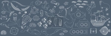 Ilustración de Mega set de vectores oceánicos con ballena, tortuga, submarino, tiburón, cangrejo, pulpo, buzo, pingüino, calamar, delfín, morsa, nave.Animales subacuáticos.Ilustración para tela, ropa para niños, libro, postal, papel de envolver. - Imagen libre de derechos