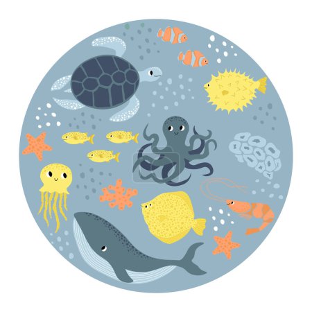 Illustration for Vector ocean illustration with whale, octopus, turtle, flounder, shrimp, clown fish, starfish.Underwater marine animals.Ecology design for banner,flyer,postcard, website design,t-shirt,poster. - Royalty Free Image