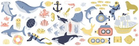 Illustration for Vector ocean mega set with whale,turtle,submarine,shark,crab,octopus,diver,penguin,squid,dolphin,walrus,ship.Underwater animals.Illustration for fabric,childrens clothing,book,postcard,wrapping paper. - Royalty Free Image