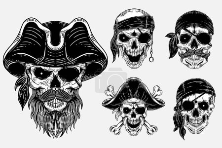Téléchargez les illustrations : Set Bundle Dark Art Crâne pirates capitaine Squelette Vintage illustration pour vêtements - en licence libre de droit