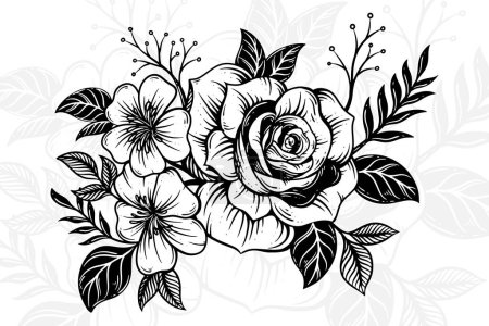 Téléchargez les illustrations : Rose fleur ligne art avec clipart feuille Composition florale Bouquet floral décoratif dessiné à la main - en licence libre de droit