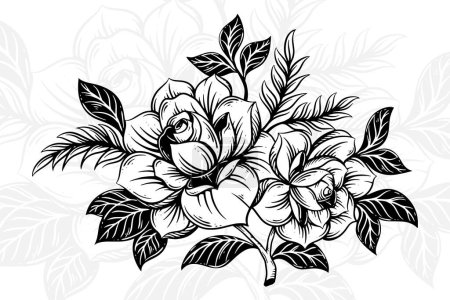 Téléchargez les illustrations : Rose fleur ligne art avec clipart feuille Composition florale Bouquet floral décoratif dessiné à la main - en licence libre de droit