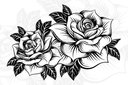 Téléchargez les illustrations : Vintage belles fleurs éléments roses tige de bouquet de fleurs pour tatouage style dessiné à la main - en licence libre de droit