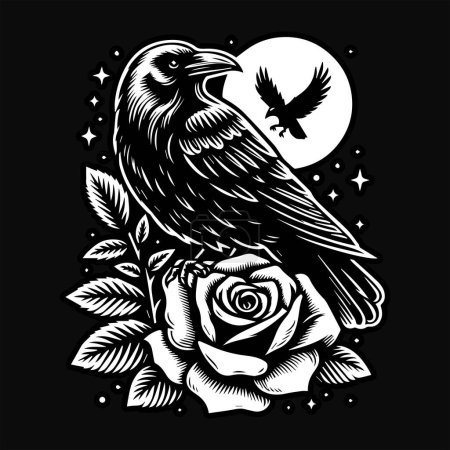 Ilustración de Crow Stand con Rose Flower Grunge Vintage Style Ilustración dibujada a mano Blanco y Negro - Imagen libre de derechos
