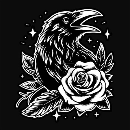 Ilustración de Crow Stand con Rose Flower Grunge Vintage Style Ilustración dibujada a mano Blanco y Negro - Imagen libre de derechos
