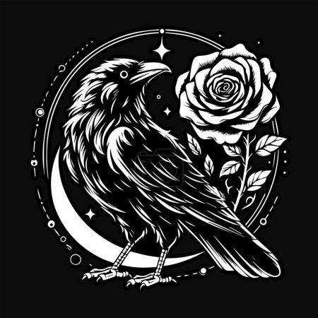 Crow Stand with Rose Flower Grunge Vintage Style Hand Drawn Illustration Black and White