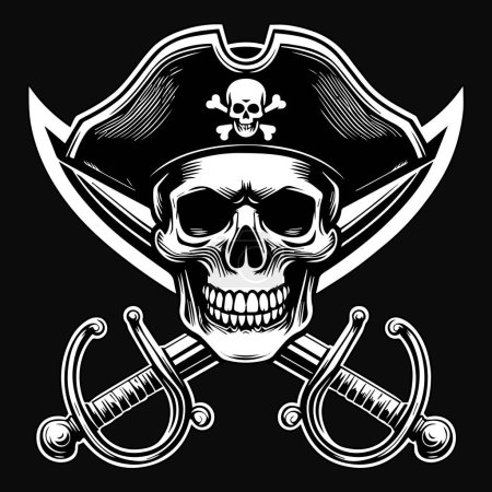 Dark Art Piraten Schädelkopf mit Doppelschwert Schwarz-Weiß-Illustration