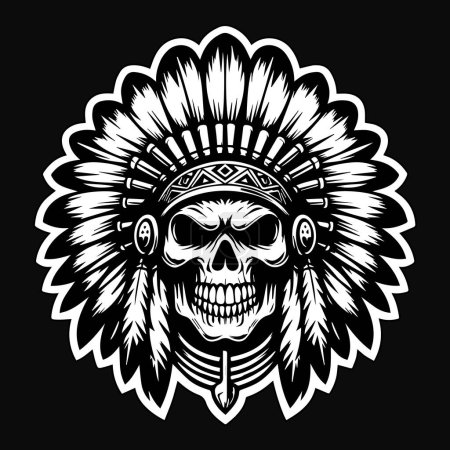 Illustration for Dark Art Indian Skull Head with Indian Hat Black and White Illustration - Royalty Free Image