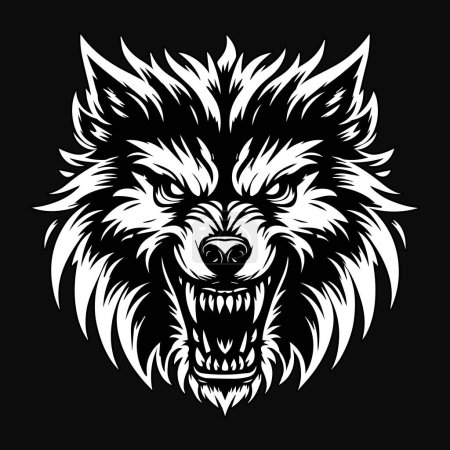 Illustration for Dark Art Angry Wolf Head Black and White Illustration - Royalty Free Image