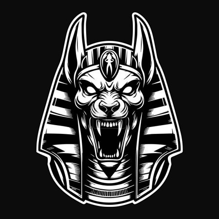 Arte oscuro Angry Anubis Head Ilustración en blanco y negro