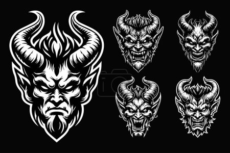 Dark Art Angry Demon Head Schwarz-Weiß-Illustration