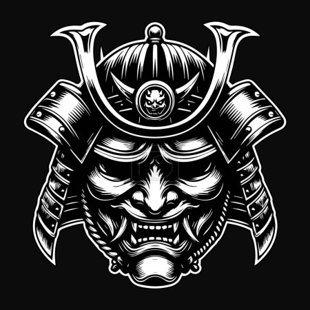 Dark Art Scary Japanese Samurai Mask Black and White Illustration
