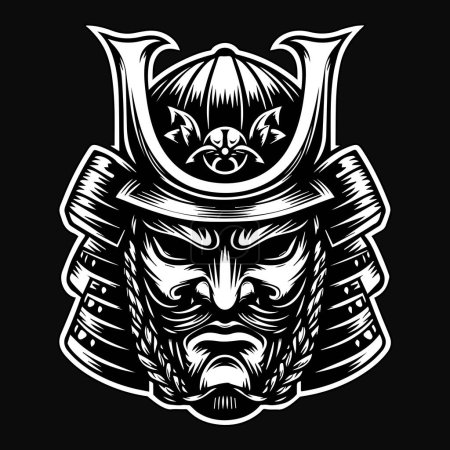 Masque samouraï japonais effrayant Dark Art Illustration en noir et blanc
