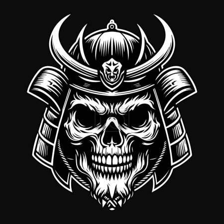 Dark Art Totenkopf Samurai Japanischer Kopf Schwarz-Weiß Illustration