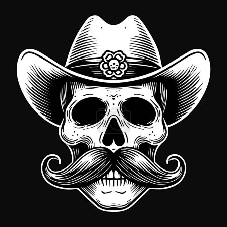 Dark Art Cowboy Skull Head with Hat Black and White Illustration