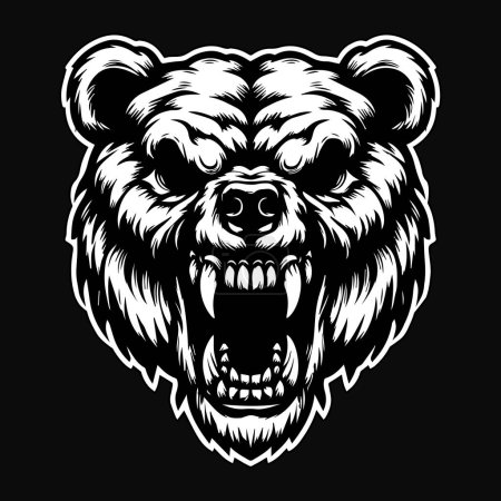 Dark Art Angry Beast Bear Schädelkopf Schwarz-Weiß-Illustration