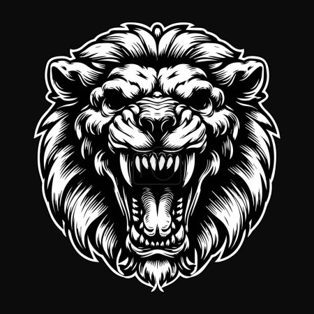Dark Art Angry Beast Löwenschädel Kopf Schwarz-Weiß-Illustration