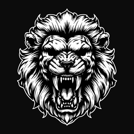 Dark Art Angry Beast Lion Skull Head Black and White Illustration