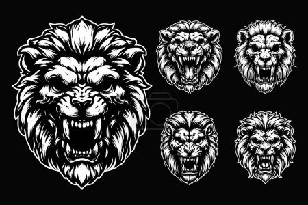 Dark Art Angry Beast Löwenschädel Kopf Schwarz-Weiß-Illustration