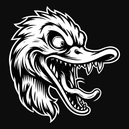 Dark Art Angry Scary Tête de canard avec dents acérées Illustration noir et blanc
