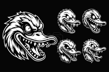 Dark Art Angry Scary Tête de canard avec dents acérées Illustration noir et blanc