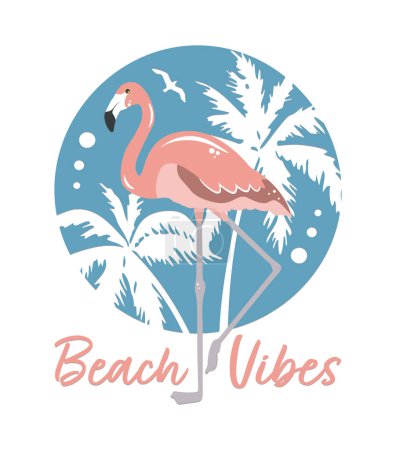 Illustration for Beach Vibes Pink Flamingo on Palm Trees Background - Royalty Free Image