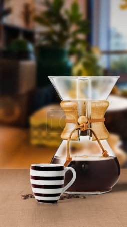 Photo for CHEMEX COFFEE maker filter with black coffee cup isolated on table side view - Royalty Free Image