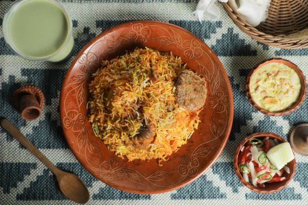 Téléchargez les photos : Mutton Kacchi biryani avec salade, borhani et Chui Pitha servi dans un plat isolé sur tapis vue du dessus de la nourriture indienne et bangladeshi - en image libre de droit
