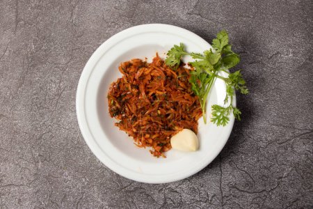 Photo for Spicy Piyaj Morich Bhorta Chili Onion served in dish isolated on background top view of bangladesh food - Royalty Free Image