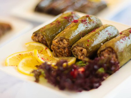 Egyptian Stuffed Zucchini Koosa filled with rice served in dish isolated on wooden table top view of cold mazza arabic food