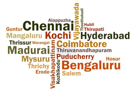 Téléchargez les illustrations : Nuage de mots colorés de noms de villes indiennes du Sud - en licence libre de droit