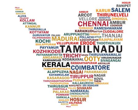 Illustration for Tamilnadu and Kerala map formed with Tamilnadu and Kerala cities World cloud - Royalty Free Image