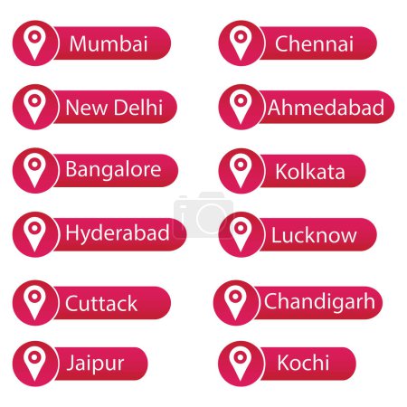 Téléchargez les illustrations : Ensemble de grandes villes indiennes comme Mumbai, Delhi, Chennai, Kolkata, Bengaluru épinglé avec carte - en licence libre de droit