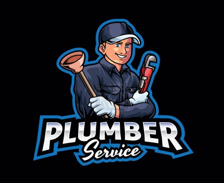 Téléchargez les illustrations : Plumber Mascot Logo Design. Plumber Mascot Illustration, A Skilled and Reliable Worker, Expert in Solving All Plumbing Issues - en licence libre de droit