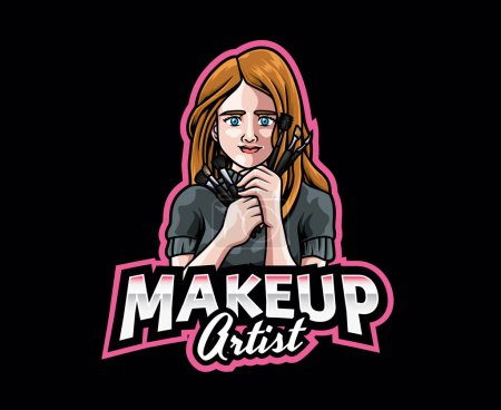 Téléchargez les illustrations : Makeup Artist Mascot Logo Design. Stylish Makeup Artist Logo Mascot with Brush - en licence libre de droit