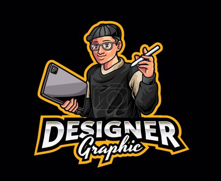 Illustration for Graphic Designer Mascot Logo Design. Vector illustration Creative designer with tablet in his hand, Perfect for mascot Artist, Designer and a Freelancer - Royalty Free Image