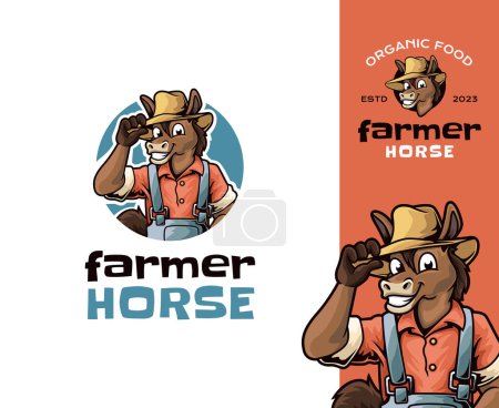 Ilustración de Diseño de logotipo de mascota de granjero de caballo. Juguetón mascota de dibujos animados perfecto para la agricultura, negocios relacionados con la agricultura y las marcas - Imagen libre de derechos