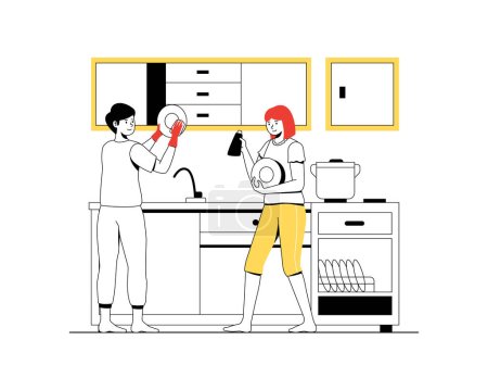 Ein Ehepaar erledigt Hausarbeit, spült gemeinsam Geschirr. Vektorillustration