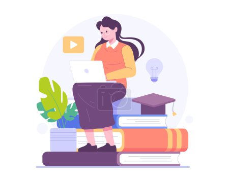 Photo for Students learning online at home. Young women sitting on books with laptops learning and educating. Online education vector illustration - Royalty Free Image