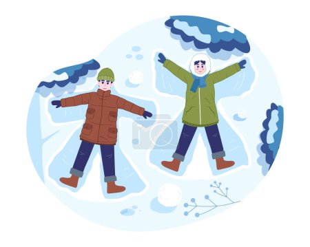 Téléchargez les illustrations : Enfants jouant ensemble dans la neige. Les enfants s'amusent à l'extérieur en faisant des anges des neiges, vacances saisonnières d'hiver. Illustration vectorielle - en licence libre de droit